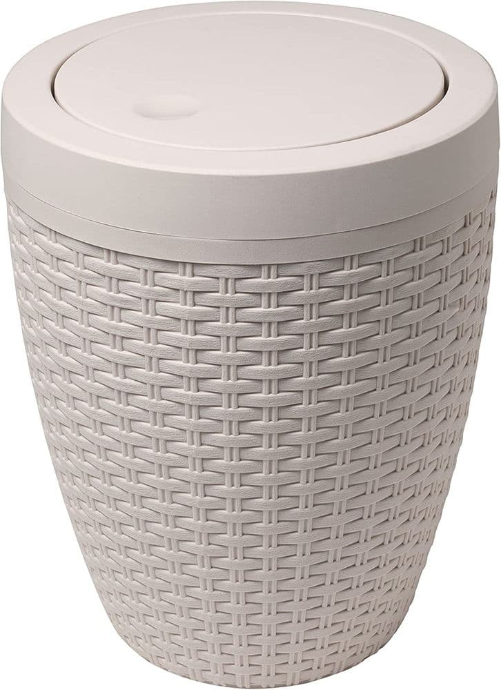Addis Faux Rattan Round Bathroom Bin with Swing lid Calico Linen