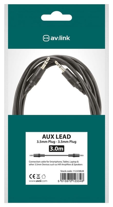 AV:Link 3.5mm Stereo Plug to 3.5mm Stereo Plug Lead 3M