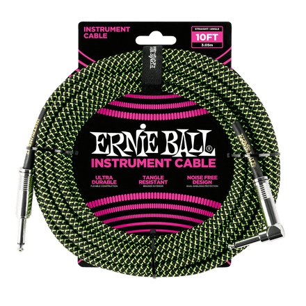 Ernie Ball 10' BRAIDED STRT/ANGLE CABLE - BLK/GRN