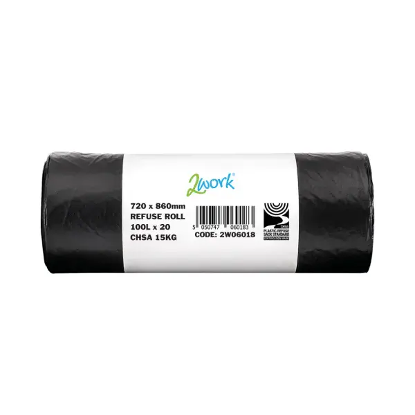 2Work Refuse Sack 100 Litre 20 Bags per Roll (Pack of 10) Black 2W06018