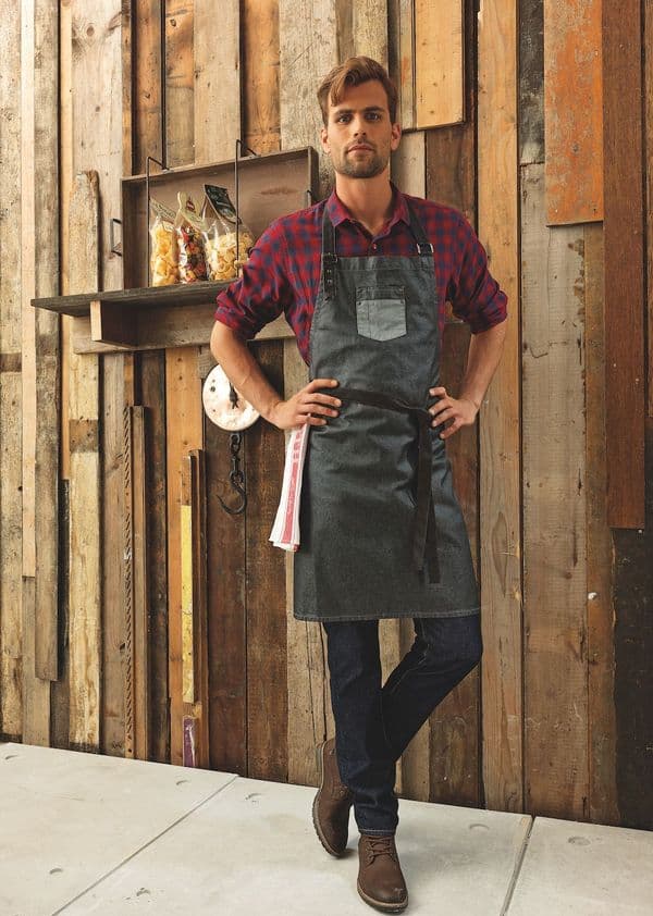 DIVISION' WAXED LOOK DENIM BIB APRON WITH FAUX LEATHER