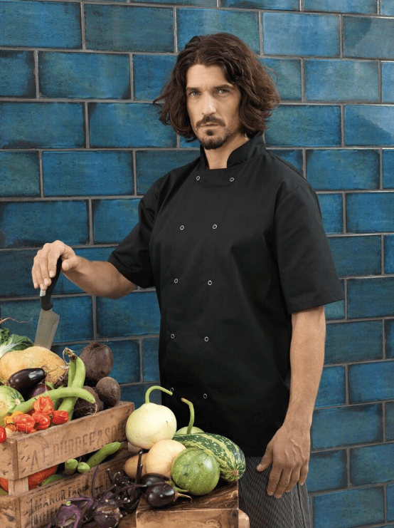 STUDDED FRONT SHORT SLEEVE CHEF'S JACKET CHEFSWEAR IN DERBY