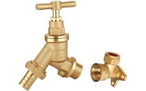 Handyfix Outside Garden TAP Hose Union BIB TAP 1/2" Brass with Double Check Valve & Wall Plate Elbow