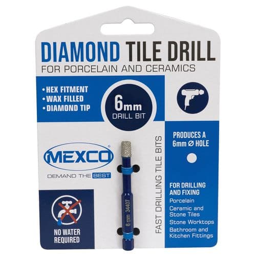 Mexco 6mm Wax filled Diamond Tile Drill Bit with Hex Fit for Drilling Porcelain, Ceramic, Stone