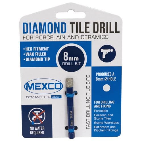 Mexco Wax filled Diamond Tile Drill Bit with Hex Fit for Drilling Porcelain, Ceramic, Stone – 8mm