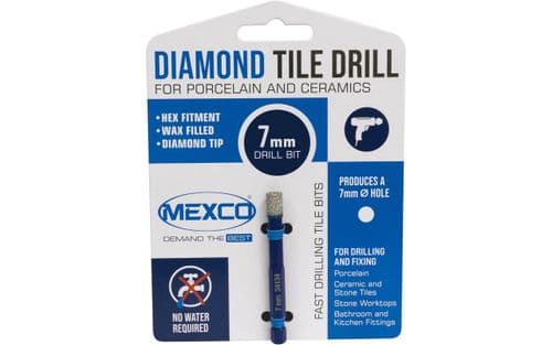 Mexco Wax filled Diamond Tile Drill Bit with Hex Fit for Drilling Porcelain, Ceramic, Stone – 7mm