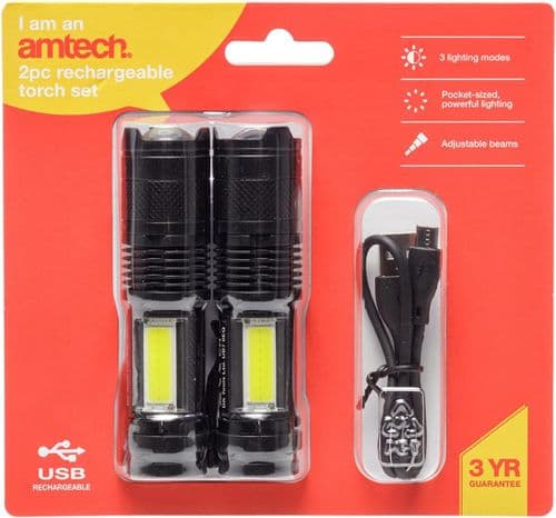 Mini Torch 2pc Set with 3 Lighting Modes,Rechargeable, Portable with Metal Clip - Amtech