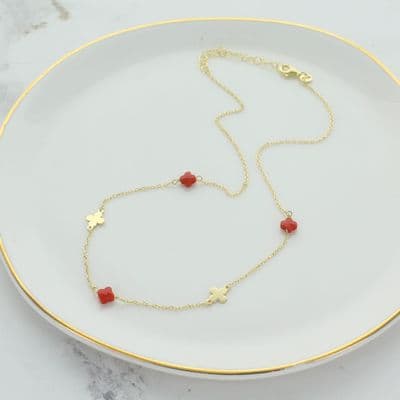 Coral Stone Detail Flower Clover Necklace