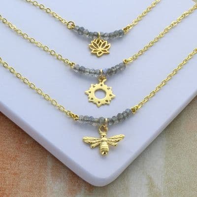 Delicate Labradorite Gold Charm Necklaces