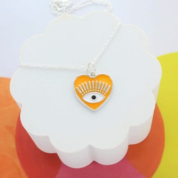 Evil Eye Orange Enamel Heart Necklace