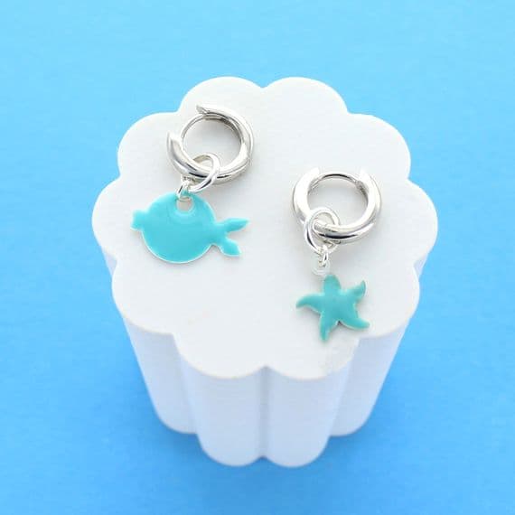 Fish And Starfish Enamel Huggies
