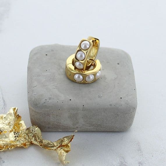 Gold Plated Pearl Huggie Earrings