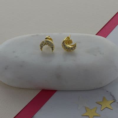 Gold Plated Sterling Silver Zircon Moon Stud Earrings