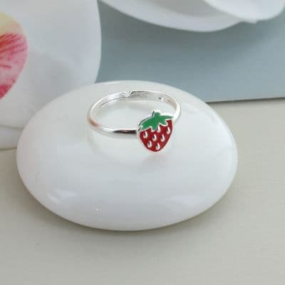Kids little enamel red strawberry ring