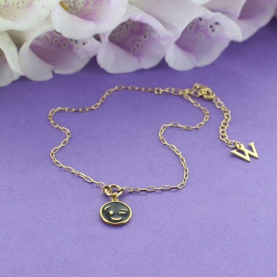 Personalised Gold Plated Winking Emoticon Anklet