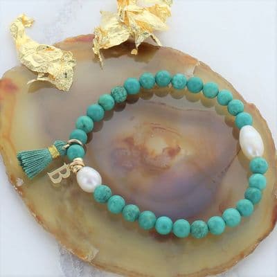 Personalised Turquoise Pearl Stretch Tassel Bracelet