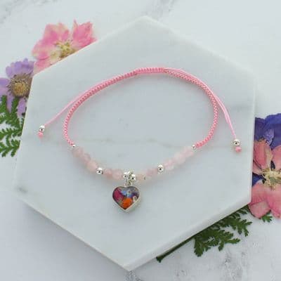 Pink  and rose quartz heart mixed flower bracelet