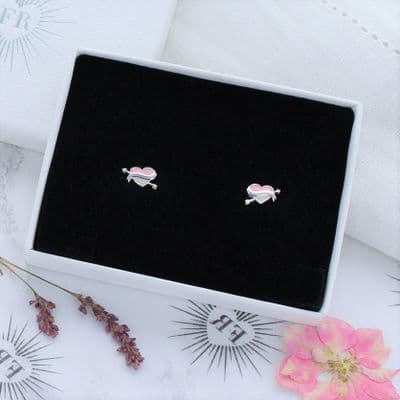 Pink enamel arrow heart earrings