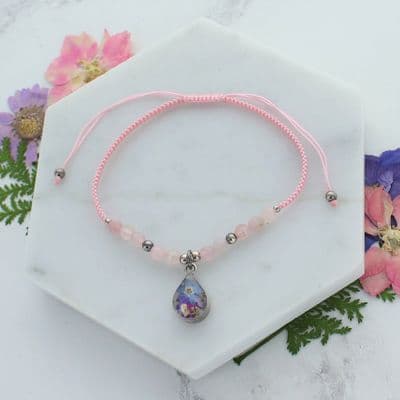 Pink rose quartz teardrop mixed flower bracelet