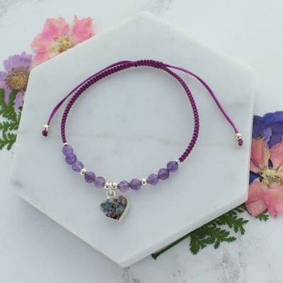 Purple amethyst heart mixed flower bracelet