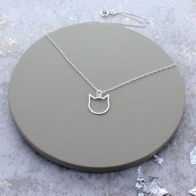 Silver Cat Head Charm Necklace