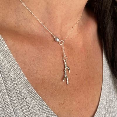 Silver Coral And Pearl Lariat Necklace