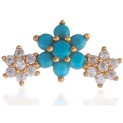 Single 3 flowers gold vermeil turquoise & white stones stud earring