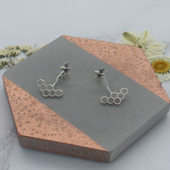 Sterling Silver Bee And Honeycomb Ear Jackets