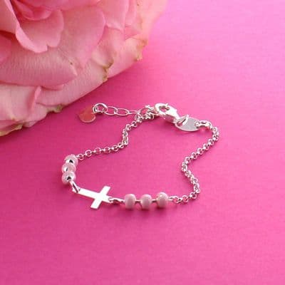 Sterling Silver Pink Child's Cross Bracelet