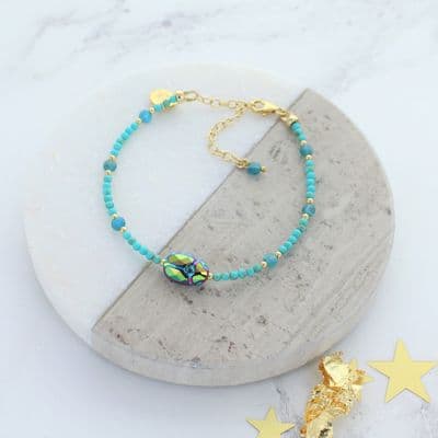 Turquoise Scarab Beetle Bracelet Gold Plated Sterling Silver