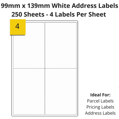 White Sticky Address Labels - 4 Per Sheet