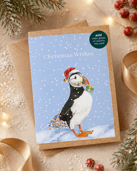 Christmas Puffin QR Card - Add video, photo or voice to this card