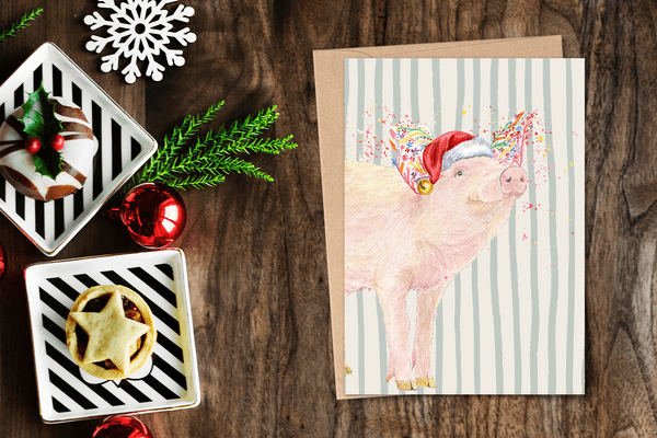 CHRISTMAS STRIPED PIG ECO CARD NEW