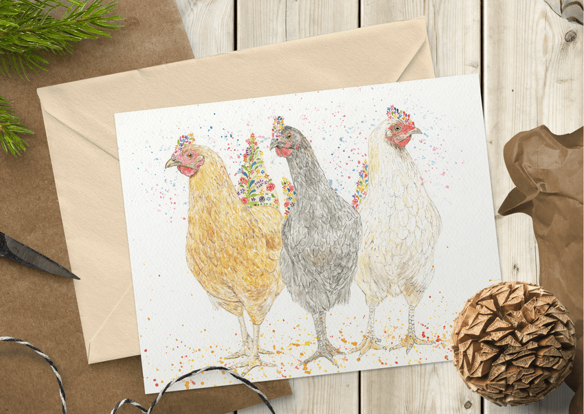 HEN-RIETTA, EGGS-MERELDA AND LAY-LA HENS ECO CARD