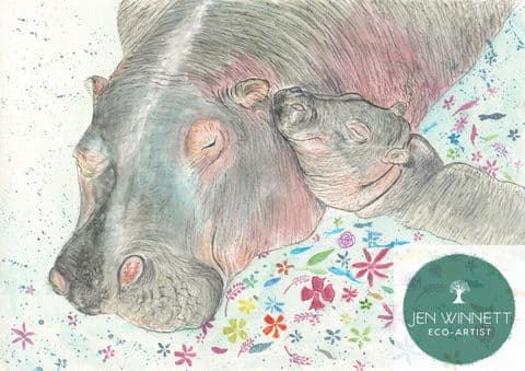 HILDA AND HUMPHREY THE HIPPOS - SIGNED PRINT