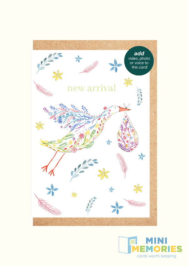New Arrival Stork QR Card - Add video, photo or voice to this card