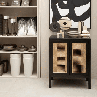 Antoine Contemporary Black 2 Door Sideboard with Rattan Front