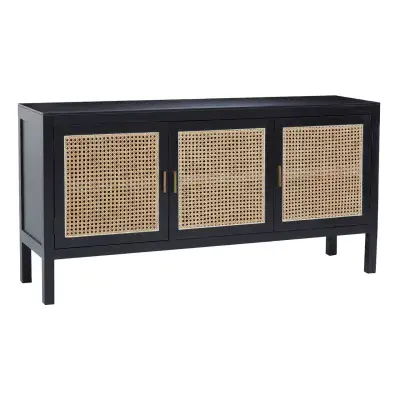 Antoine Contemporary Black 3 Door Large Sideboard with Rattan Front