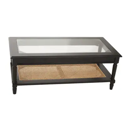 Antoine Contemporary Black Coffee Table with Rattan Shelf