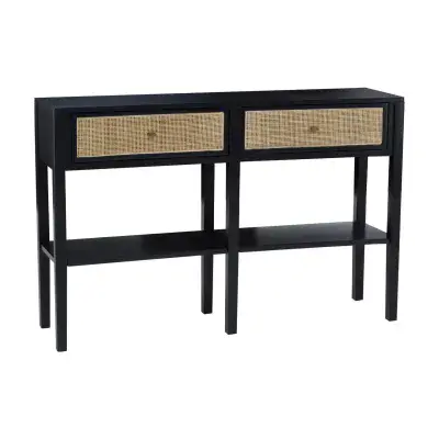 Antoine Contemporary Black Hall Table with Rattan Front