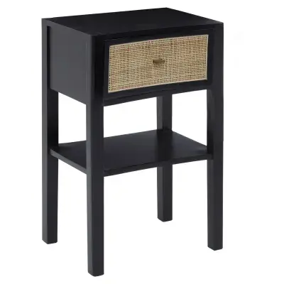 Antoine Contemporary Black Side Table with Rattan Front