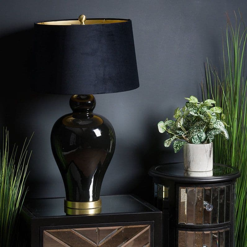 Black Ceramic Table Lamp with Gold Highlights - Prestige French Furniture