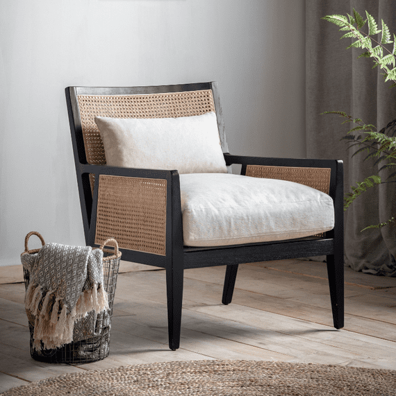 Black Rattan Armchair with Natural Cane - Prestige French Furniture