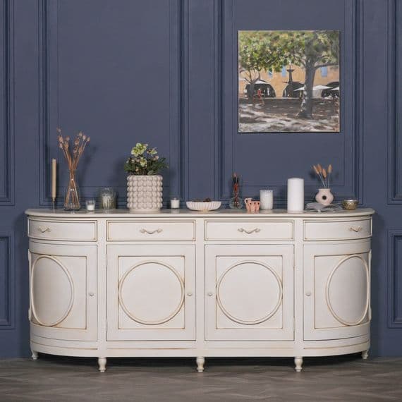 Ivory French Style Distressed Curved Sideboard - Prestige French Furniture