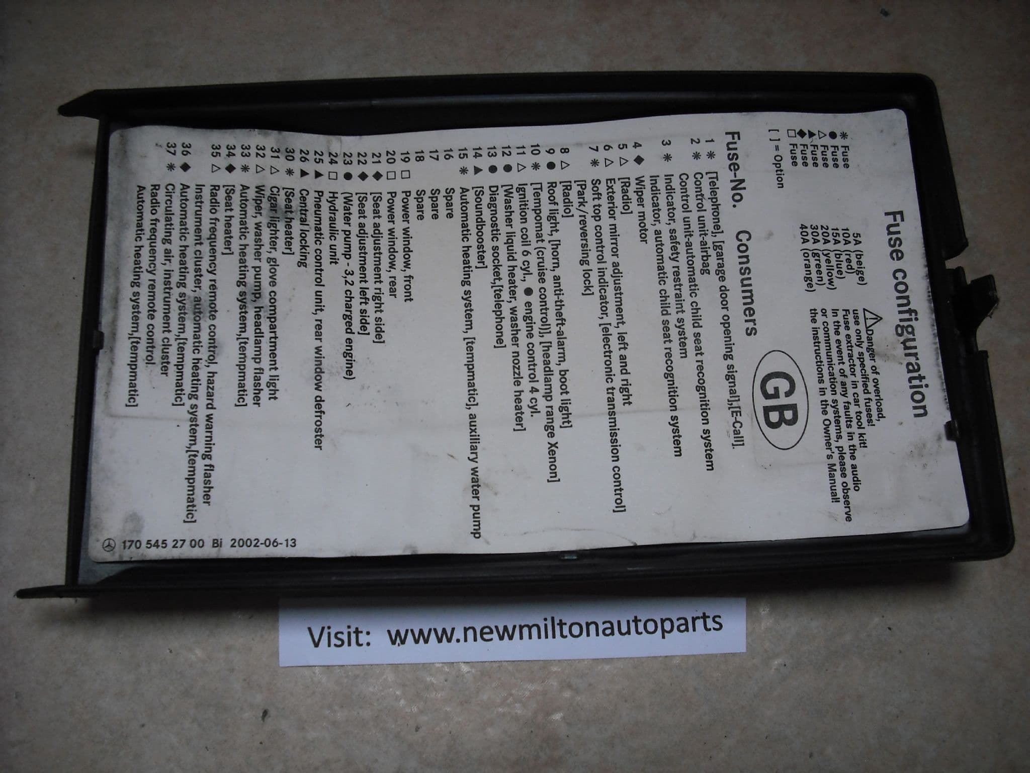 MERCEDES BENZ R170 SLK ENGINE BAY FUSE BOX COVER LID