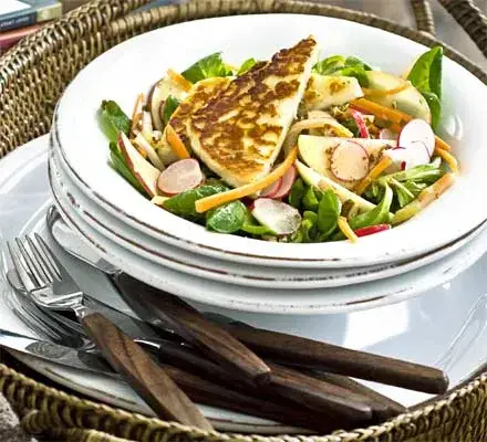 Warm Buffalloumi with Radish, Apple & Pecan Salad