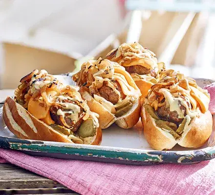 Cheeseburger Hot Dogs with Sticky Sweet & Sour Onions