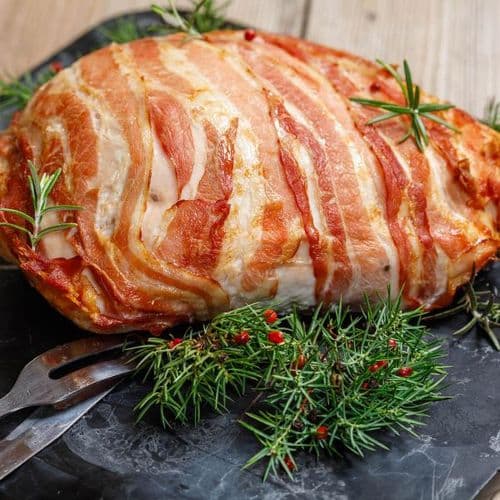 Stuffed Turkey Breast with Pork, Sage & Onion Stuffing, Wrapped in Bacon