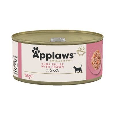 Applaws Natural Tuna Fillet with Prawn in Broth Wet Adult Cat Food – ( 24 × 156g ) Tins