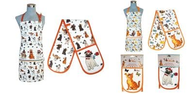 Cooking Apron Double Oven Gloves Set Kitchen Bakeware Gift Cats Dogs Adult Mitts
